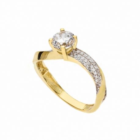 Bague solitaire en or jaune 18 carats avec zircons blancs pour femme