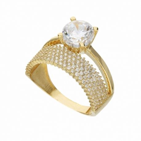 Anillo Solitario con Pavè en Oro Amarillo de 18K con Circonitas Blancas para Mujer