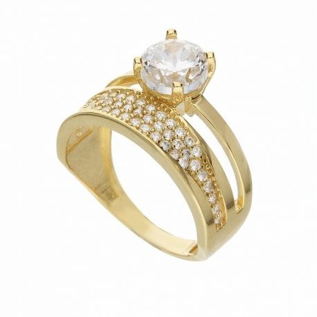 Bague solitaire avec pavé en or jaune 18 carats avec zircons blancs pour femme