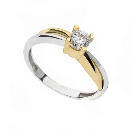 Bague solitaire en or blanc et jaune 18 carats avec zircons blancs pour femme