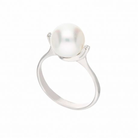 Anillo de Oro Blanco de 18K con Circonitas Blancas y Perla para Mujer