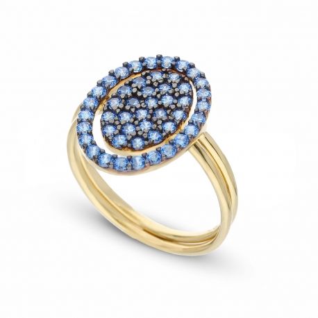 Anillo de Oro Amarillo de 18K con Circonitas Azules Brillantes para Mujer