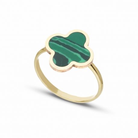 Bague en or jaune 18 carats avec trèfle à quatre feuilles en malachite pour femme