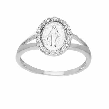 18K balto aukso žiedas su Madona ir poliruotais baltais cirkoniais moterims