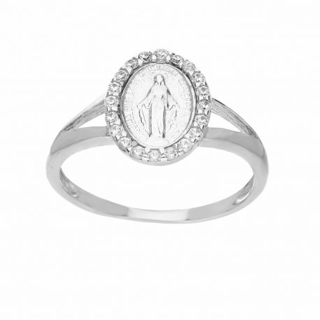 18K White Gold Sormus Madonnalla ja kiillotetuilla valkoisilla zirkoneilla naisille