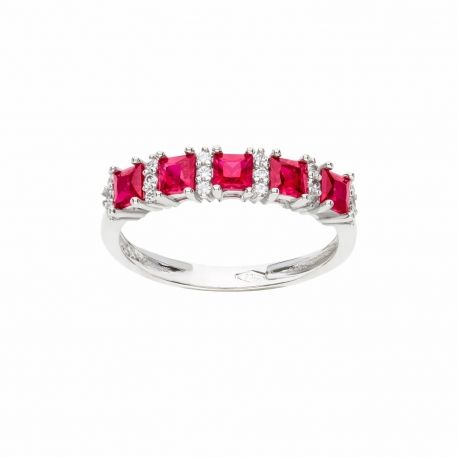 Anillo de Oro Blanco de 18K con Circonitas Rojas y Blancas para Mujer