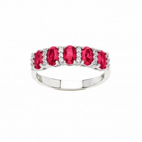 Anillo de Oro Blanco de 18K con Circonitas Rojas y Blancas para Mujer