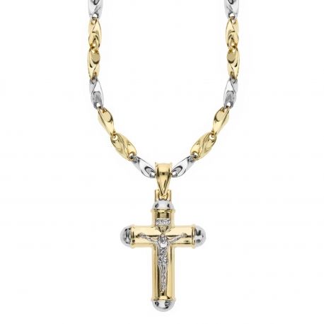 Yellow and White Gold 18k with Cross Pendant Men Necklace