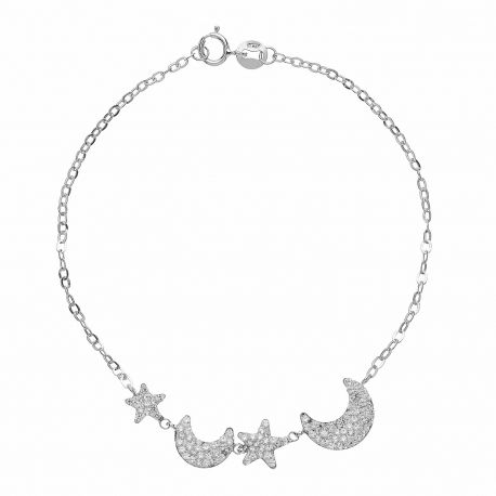 Pulsera de Oro Blanco de 18 Kt con Estrellas y Lunas de Circonitas Blancas para Mujer