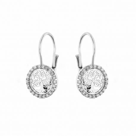 Boucles d'oreilles en or blanc 18 carats avec arbre de vie et zircons blancs