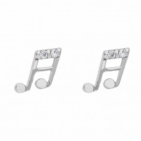 Boucles d'oreilles en or blanc 18 carats avec note de musique et zircons blancs pour fille