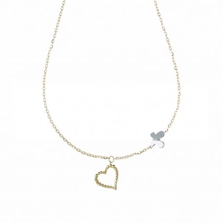 Collar de Corazón y Mariposa para Mujer en Oro Blanco y Amarillo de 18K