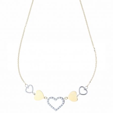 Women 18k Yellow and White Gold with Hearts and White Zircons Necklace