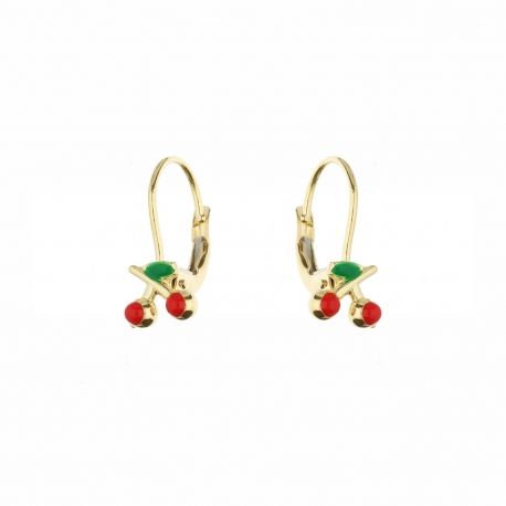 Boucles d'oreilles cerises avec émail en or jaune 18 carats