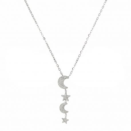 Women 18K White Gold Moon and Star whit Cubic Zirconia Necklace