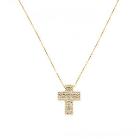 Women 18K YELLOW Gold Rounded Cross with Cubic Zirconia Necklace