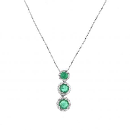 Woman 18K White Gold Trilogy with Emeralds and Diamonds Necklace