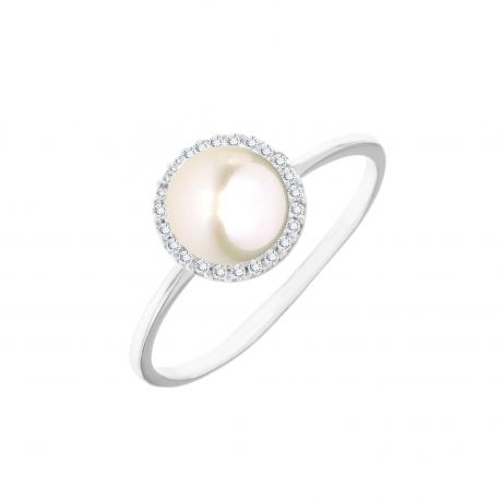 Anillo de Oro Blanco de 18K con Perla y Circonitas