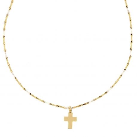 Men 18k Yellow and White Gold with Cross Tubular Necklace