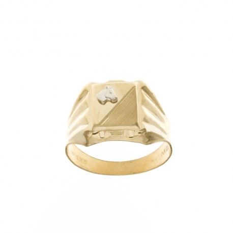 Anillo en oro amarillo de 18 Kt 750/1000 con cabeza de caballo en oro blanco en relieve pulido y satinado para hombre