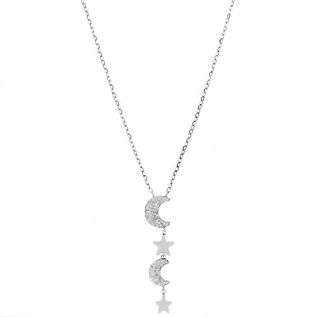 Collier en or blanc 18 carats avec étoiles et lunes pour femme