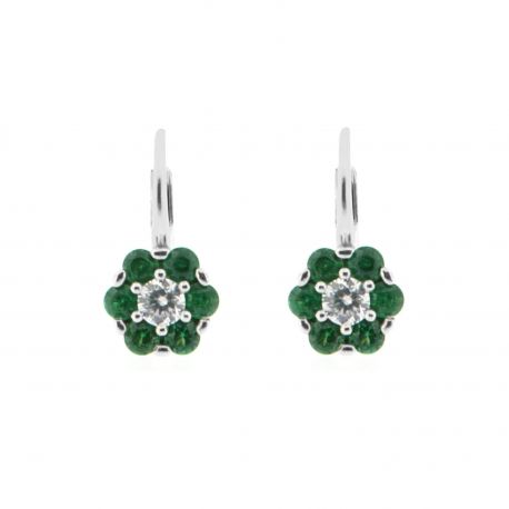 Flower Earrings in 18 Kt White Gold with Green and White Zircons