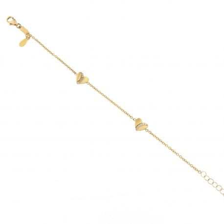 18K Yellow Gold Bracelet with Small Hearts and White Zircons