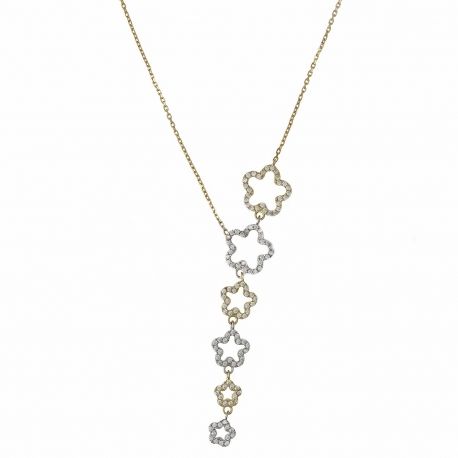 Necklace in 18K Yellow and White Gold with White Zircons and Scaled Flowers