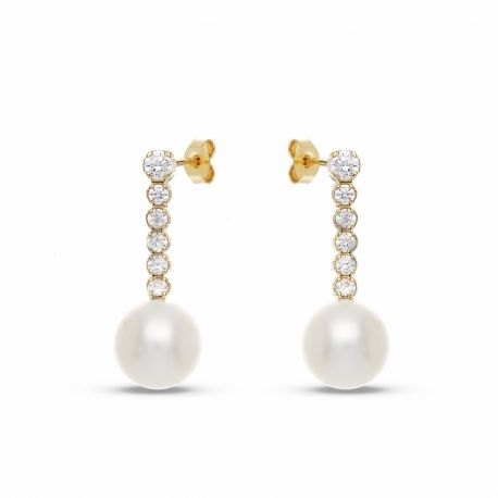 Tennis Earrings in 18K Yellow Gold with Pearl and White Zircons