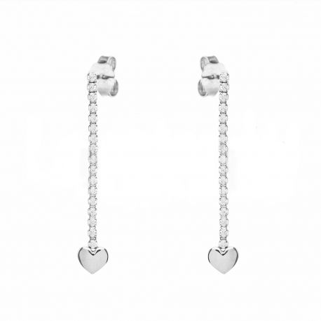 Boucles d'oreilles en or blanc 18 carats avec petit cœur et zircons blancs