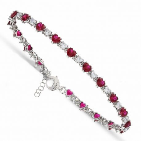 Bracelet Tennis Coeurs en Or Blanc 18 Carats avec Zircons Blancs et Zircons Rouges