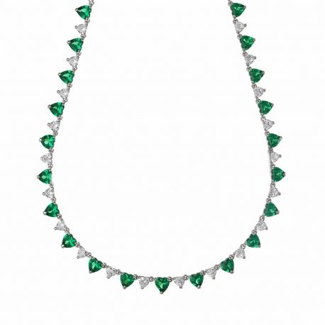 Collar Tennis Corazón en Oro Blanco de 18k con Circonitas Blancas y Circonitas Verdes