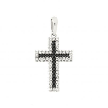 Colgante Cruz Blanco Oro 18k con Zirconia Blanca y Negro