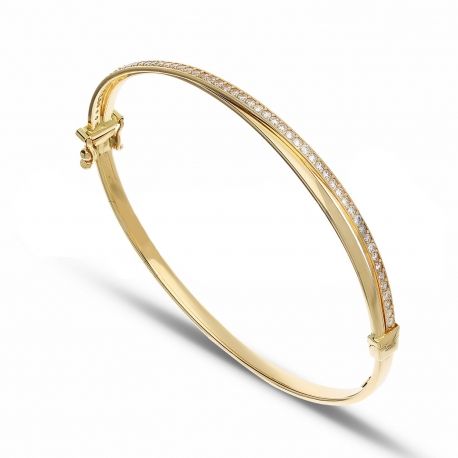 Yellow Gold Ridid Bracelet with White Zirconia