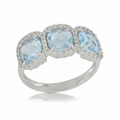 Trilogie ring in 18k wit goud met blauwe en witte stenen