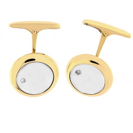 Boutons de manchette ronds en or blanc et jaune 18 carats avec diamants