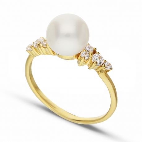 Yellow Gold Ring 18 Carats with Pearl and Zirconia