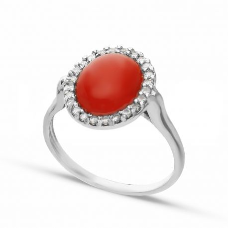 Anillo de Oro Blanco de 18K con Coral y Circonitas