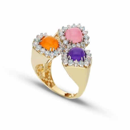 Trilogy Ring in 18k Yellow Gold with Colored Stones