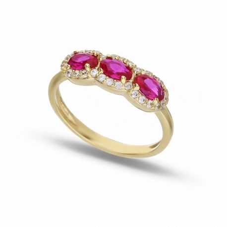 Trilogy Ring in 18k Yellow Gold with Red Stones