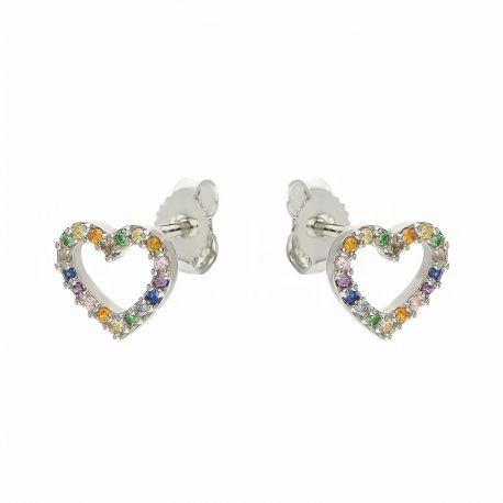 Boucles d'oreilles coeur en or blanc 18 carats avec pierres de couleur