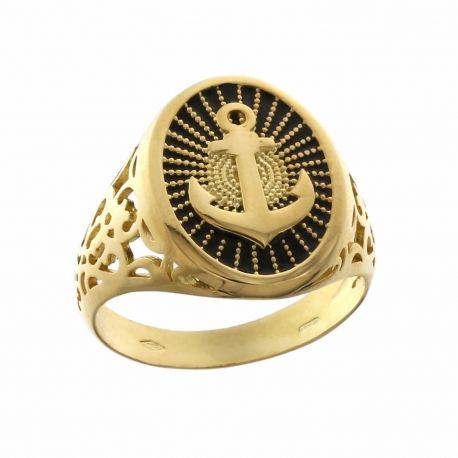 Yellow Gold Shield Ring 18k with Anchor