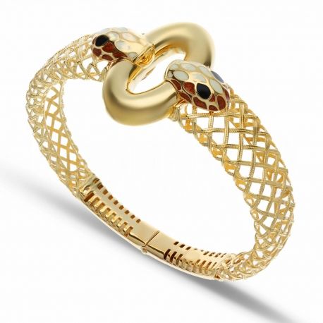 Bracciale Serpente Bianco e Bronzo Perlato - Occhi Neri in Oro Giallo 18k