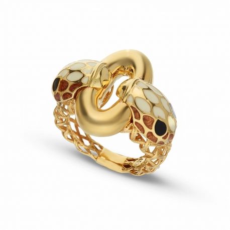 Anello Serpente Bianco e Bronzo Perlato - Occhi Neri Oro Giallo 18k