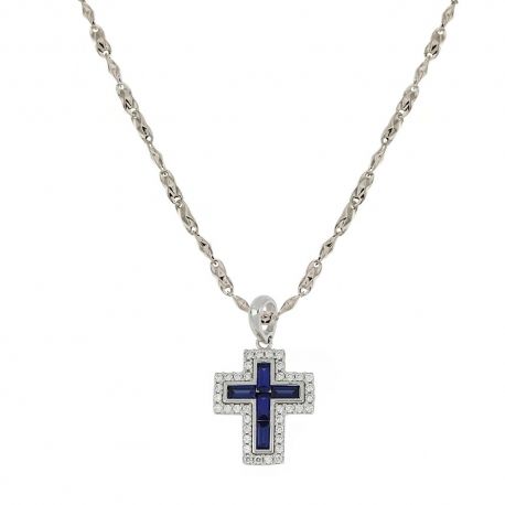 collana croix in oro bianco 18 Kt 750/1000 con pietre blu e bianche