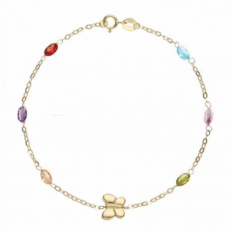 Armband mit Schmetterling und bunten Steinen in 18k Gelbgold