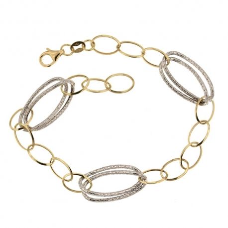 Armband in 18 Kt 750/1000 geel- en witgoud met holle ketting, gepolijste en gehamerde afwerking