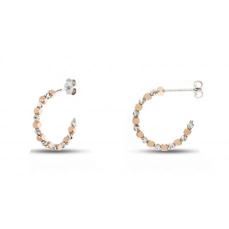 Orecchini a Cerchio con Sfere a Cubetti in Oro Bianco e Oro Rosa 18k