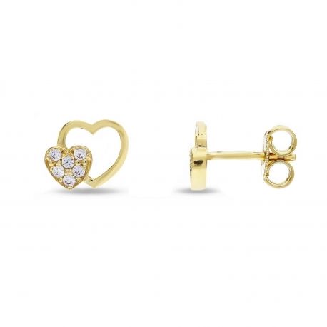 18k Yellow Gold Bambin Heart Earrings with White Zirconia