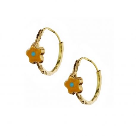 Enameled Flower Hoop Earrings in 18k Yellow Gold